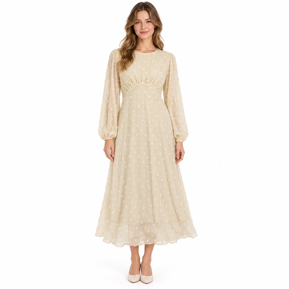 Chicwish Midi Dress Women Small Cream Swiss Dot Long Sleeve Tie Back Romantic